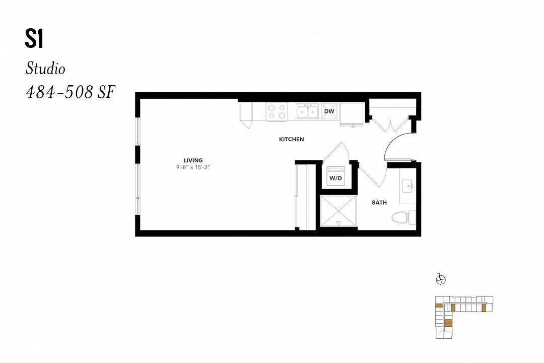 Floor plan for studio, 1 bath, 533 sqft
